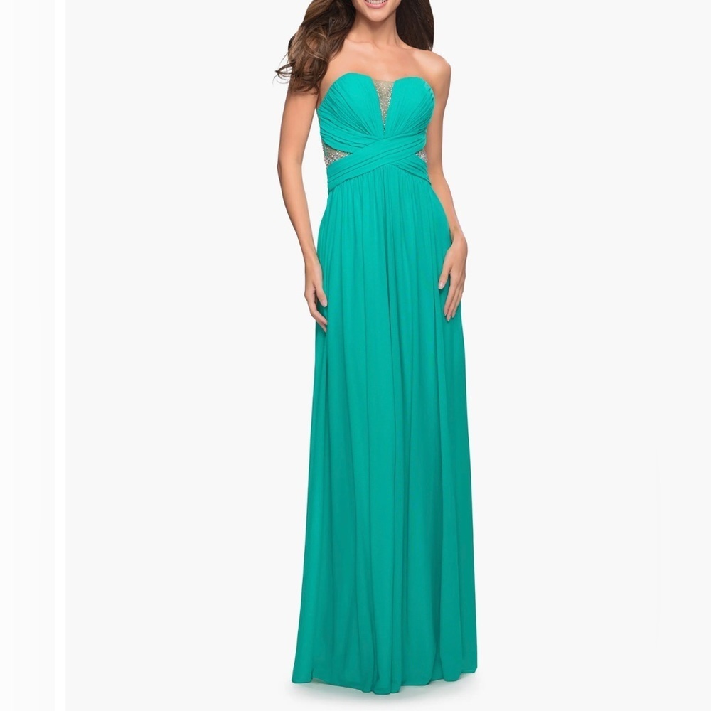 La Femme Stunning Beaded Strapless Mesh & Jersey Gown